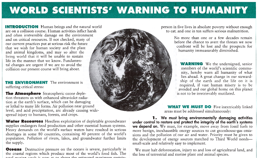 world scientists warning to humanity 1992